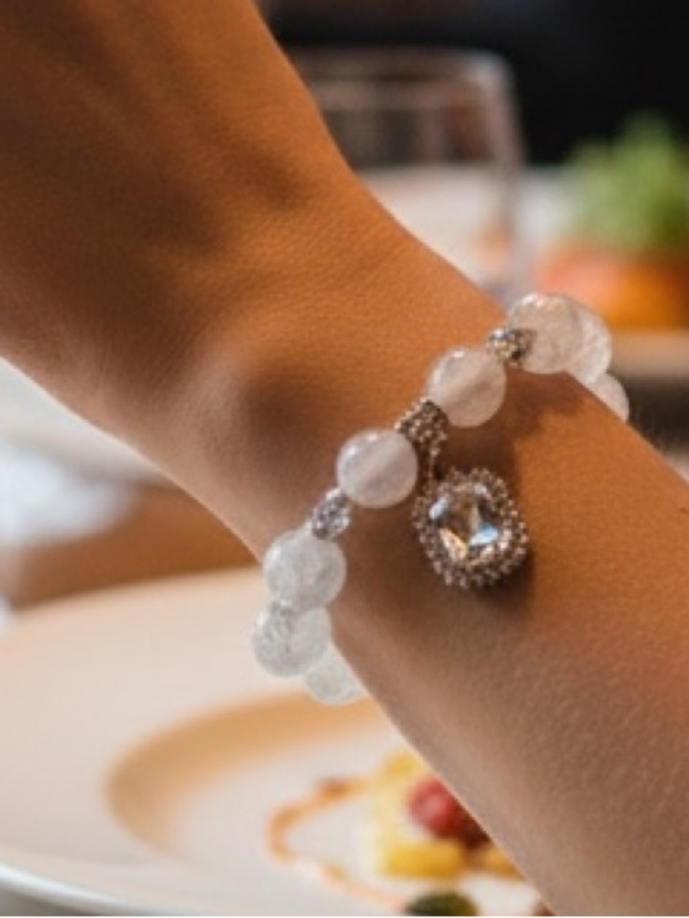 Handmade Crystal Bead Bracelet with Sparkling rhinestone Charm - Clear/White